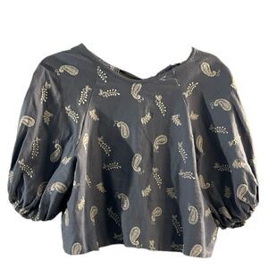 House of Harlow 1960 Linen Blend Puff Sleeve Blue Paisley Embroidered Top XS